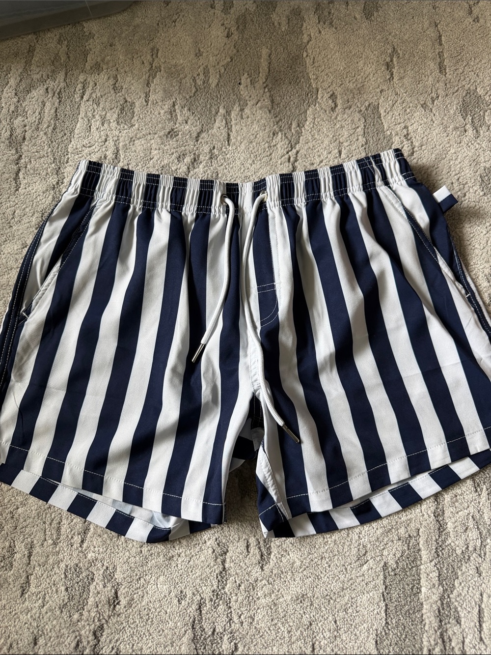 Vacay Swimwear Navy & White Stripe Swim Trunks with Drawstring - medium